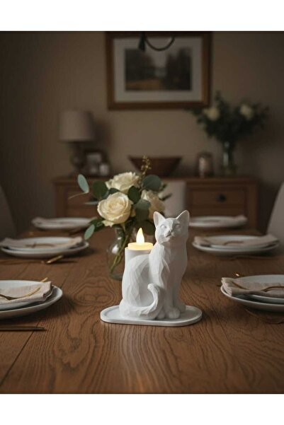 Findify Store Beyaz Dekoratif Kedi Biblo Led Mumlu Şık Ev Ofis Masa Üstü Akse...