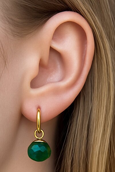 TAKIŞTIR Altın Renk Yeşil Taş Detaylı Çelik Küpe (Çift)