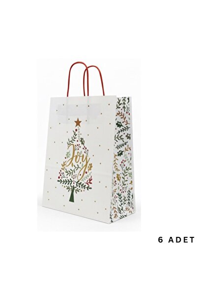roco paper Yılbaşı Çam Desenli Kağıt Çanta, Yeniyıl Kırmızı Saplı Hediye Poşeti, 12x25x31 Cm - 6 Adet, Beyaz