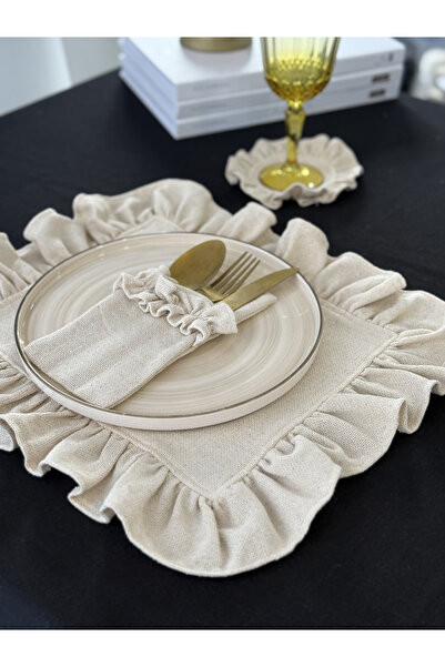 KaiAtelier Natural Ham Keten Dikdörtgen Fırfır Detaylı Amerikan Servis/ Supla 1 Adet