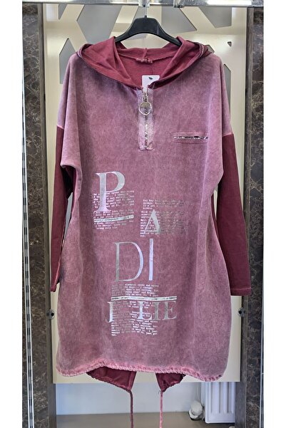 günay boutıque Sequined on the Back, Patterned on the Front, Hooded Tunic-Burgundy