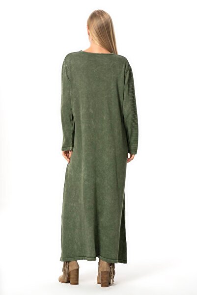 Eliş Şile Bezi Uzun Kol Gamze Cep Detaylı Sonbahar ve Kışlık Uzun Triko Elbise Haki Hk