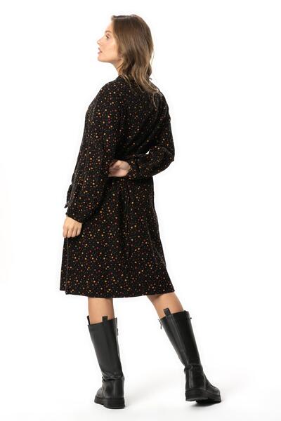 Eliş Şile Bezi Long Sleeve Fahriye Flannel Floral Pattern V-Neck Short Autumn and Winter Dress Black Syh