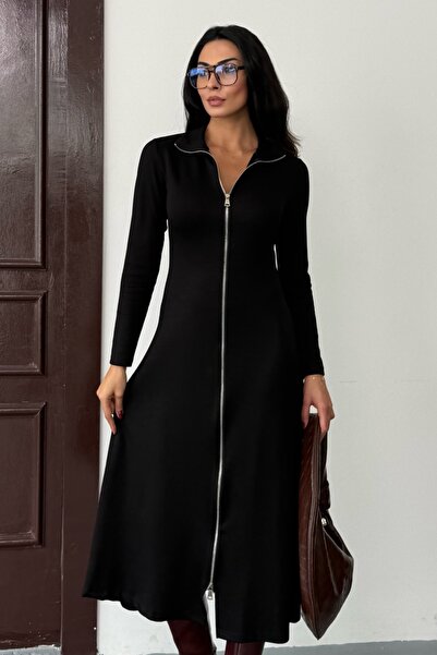 Ded COLLECTION Γυναικείο φόρεμα με διπλό φερμουάρ με μακρυμάνικο λαιμόκοψη με λεπτομέρεια Midi Modal Chic