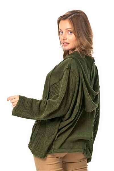 Eliş Şile Bezi Uzun Kol Ceren Fileli Düğme Detaylı Çift Cepli Kışlık Kapüşonlu Triko Bluz Haki Hk