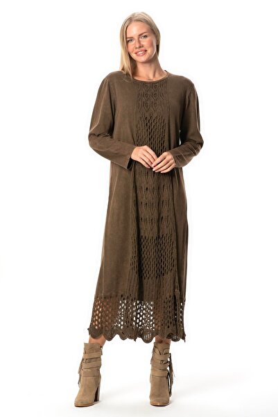 Eliş Şile Bezi Long Sleeve Sena Ethnic Patterned Autumn and Winter Long Knitwear Dress Coffee Khv