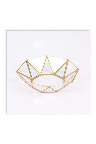 Yailla Generic Brass Storage Tray Golden Polygon Glass Makeup Organizer Gold