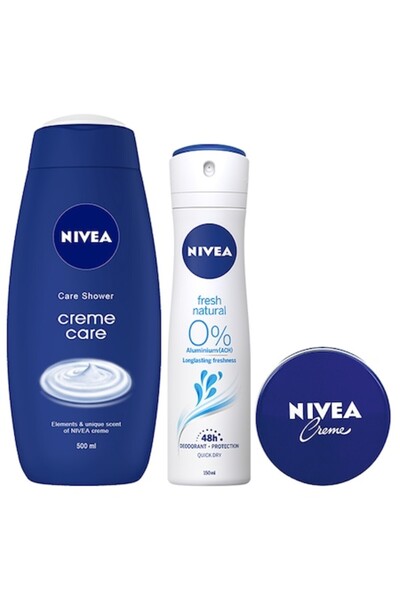 NIVEA pachet: Deodorant spray proaspăt 150 ml + Gel de duș Creme Care 500 ml + Cremă 150