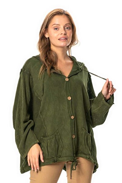 Eliş Şile Bezi Uzun Kol Ceren Fileli Düğme Detaylı Çift Cepli Kışlık Kapüşonlu Triko Bluz Haki Hk