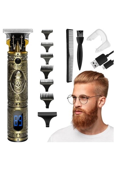 SMARTECH Aparat de tuns pentru barbă și contur 4 în 1, afișaj electronic, încărcare USB, 90 de minute, lamă din oțel, auriu
