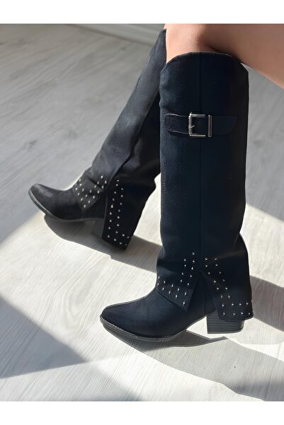 Favi Ayakkabı Siyah Süet Paça Görünümlü Trok Detaylı Sivri Burun Uzun Tarz Çizme