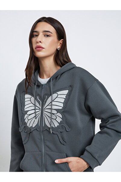 Styli Grey Oversized Butterfly Applique Hoodie