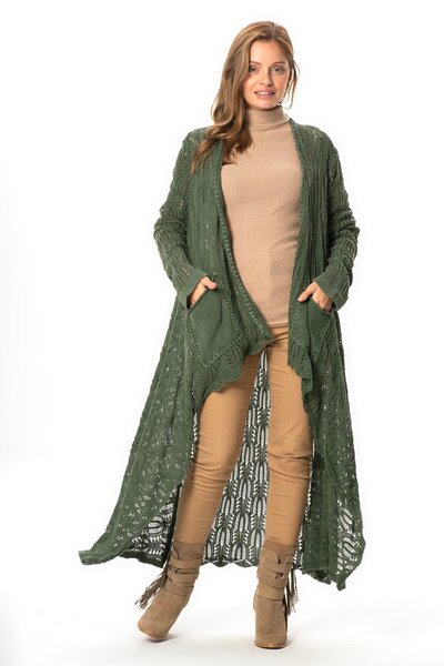 Eliş Şile Bezi Long Sleeve Sena Asymmetric Cut Autumn and Winter Loose Pocket Knitwear Cardigan Khaki Hk