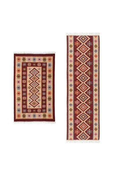 OEM 1+1 Traditional rugs, 1 pc 80x125 cm + 1 pc 60x90 cm, Red and cream, ROMB pattern