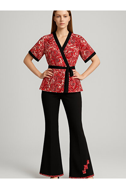 The Nowy Siyah & Kırmızı Kimono Takım – Geniş Paça Pantolonlu, Modern Kesim