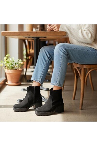 NE&VE SHOES Siyah Süet Hakiki Deri Fermuarlı Kadın Kalın Topuklu Bot