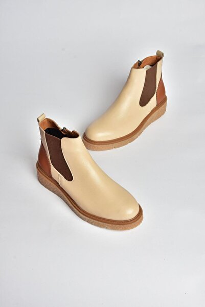 Fox Shoes V555115103 Bej Hakiki Deri Kalın Tabanlı Kadın Bot