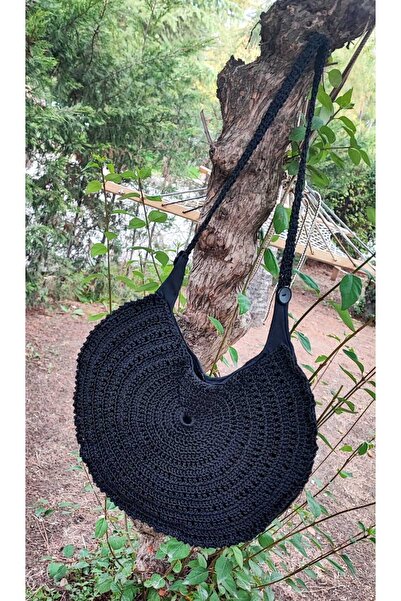 BaharEli Handcrafted Knitted Bag / Crocheted with Black Macrame Thread / Button Detail, Lined, Inner Pocket (36X26)