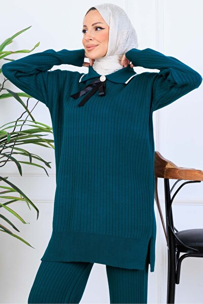 benguen Ribbed Collar Detail Knitwear Set S1064 Emerald Green
