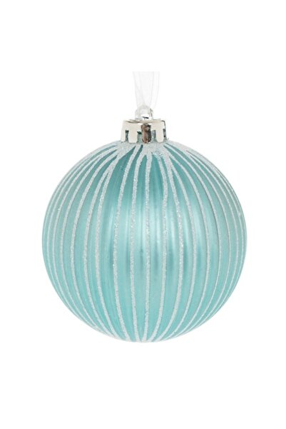 OEM Turquoise Christmas bauble with iridescent white glitter stripes, 8 cm