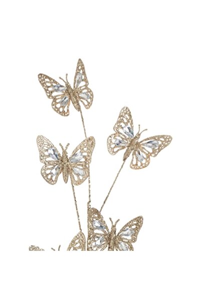 OEM Creangă decorativă de Crăciun aurie cu fluturi, cristale și sclipici 79cm