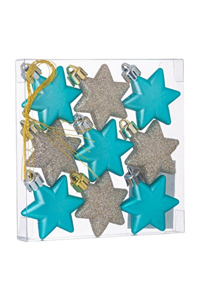 SHOPIENS Set of Christmas star ornaments, matte turquoise and shiny beige glitter, 5 cm - 9 pcs