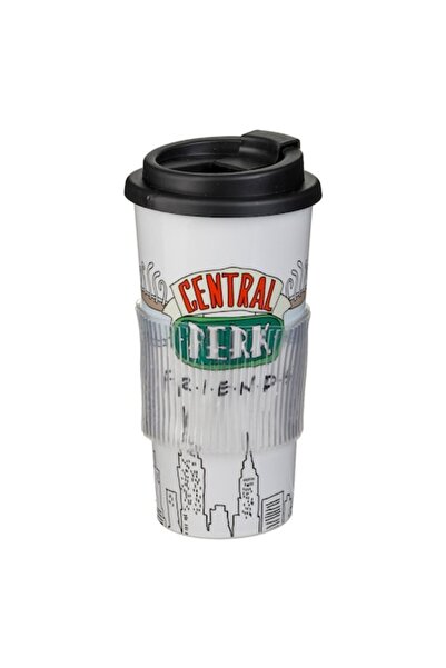OEM Pahar de plastic alb cu design Friends și capac negru pentru cafea 290 ml