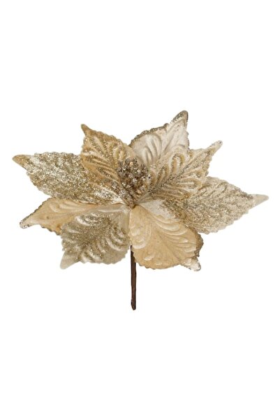 OEM Floare decorativă de Crăciun bej, catifelată, cu sclipici auriu, 26 cm