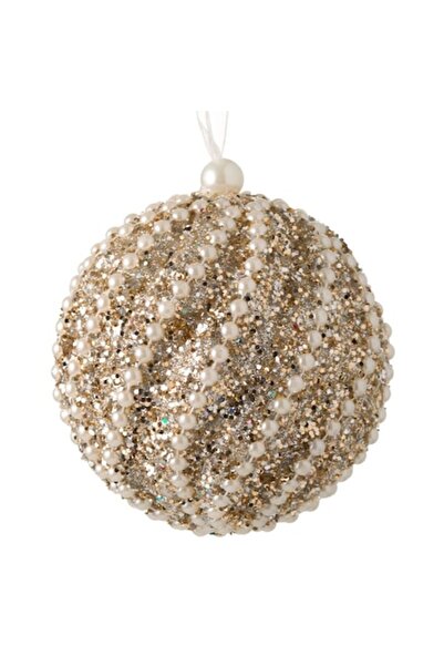 OEM Glob de Crăciun cu perle albe și sclipici, șampanie, 8 cm