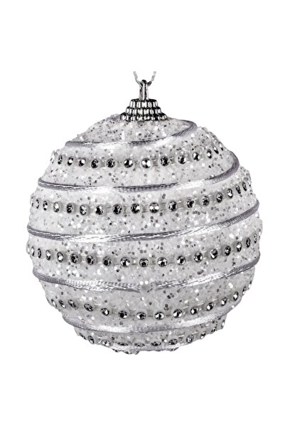 SHOPIENS Ornament de Crăciun pentru brad - glob alb perlat cu dungă aurie, 8 cm