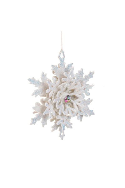 OEM Christmas tree ornament - 3D snowflake white iridescent with glitter & crystal 12x4cm
