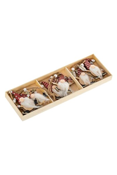 SHOPIENS Set of 9 wooden Christmas tree ornaments, 3 models, gnome figurines, 7 cm