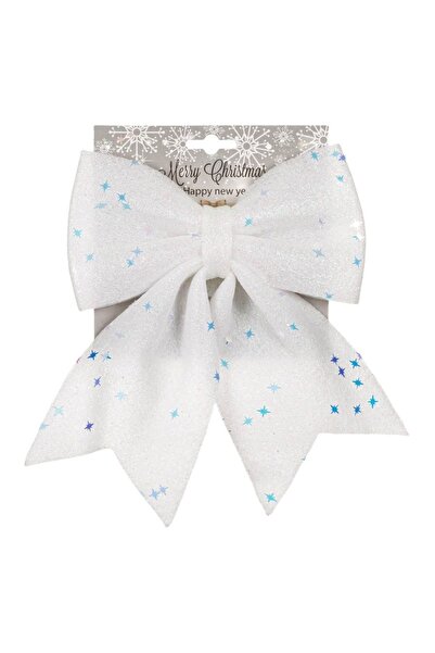 SHOPIENS Decorative Christmas Bow, Glitter Sequin Stars, White, 28x20 cm