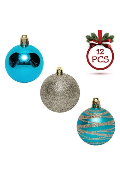 SHOPIENS Set of Christmas Baubles, Glitter Model, Turquoise and Beige, 5 cm, 12 pcs