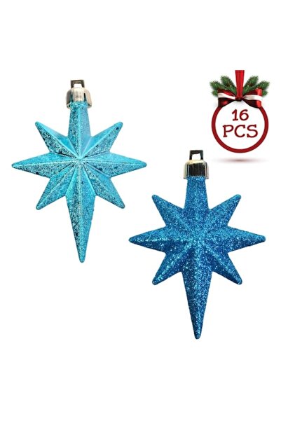 SHOPIENS Set de ornamente de Crăciun - steluțe turcoaz cu sclipici 8cm, 16 buc