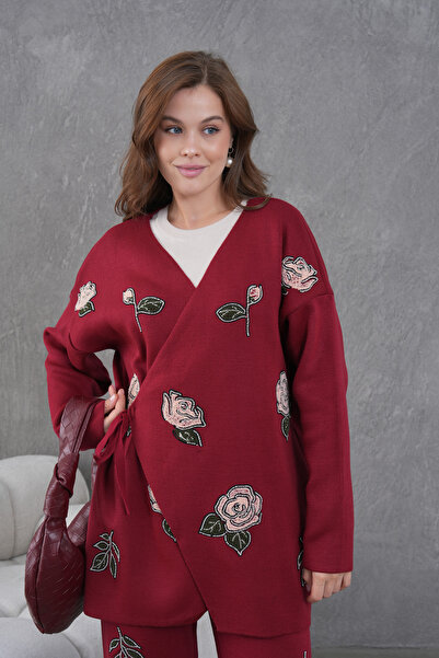 Miss Allos Women's Beaded Side-Tie Wide-Fit Knitwear Cardigan and Pants Bottom-Top Set