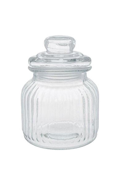 OEM Transparent glass candy jar with ribbed embossed design and lid, 640 ml