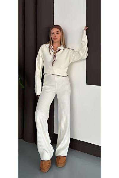 badibadii Women's Cream Shirt Collar Relaxed Fit Knitwear Two-Piece Set - Modern and Stylish Combination Scarf Gift