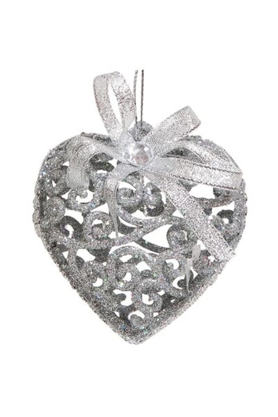 SHOPIENS Set of Silver Glitter Heart Christmas Ornaments with Silver Bow, 6cm - 6 pcs