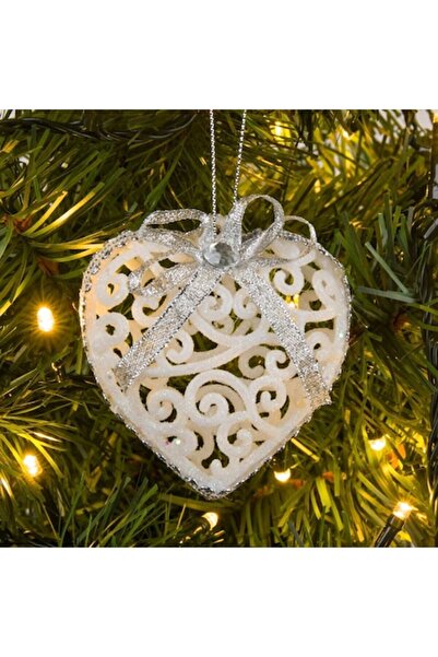 OEM Christmas ornaments set - white heart, silver bow, white stone, 8cm - 6 pcs