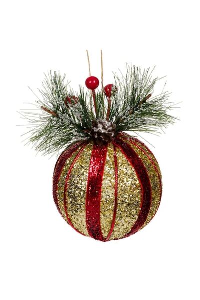 SHOPIENS Glob decorativ de Crăciun, spumă, sclipici, creangă de pin, roșu-aur...