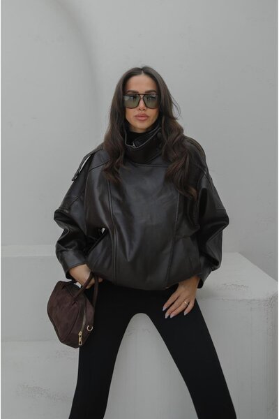 Havoş Brown Leather Jacket with Throat Detail
