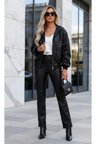 ANBLYs COLLECTION Gathered Sleeve Hooded Women's Leather Jacket