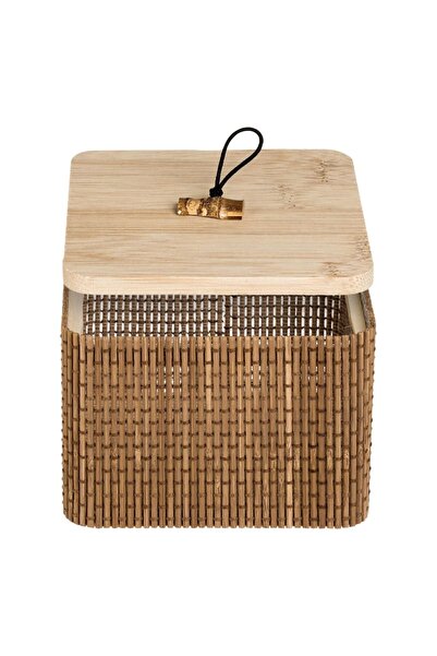 SHOPIENS Bamboo Storage Box with Wooden Lid, Brown, 12x12x8cm