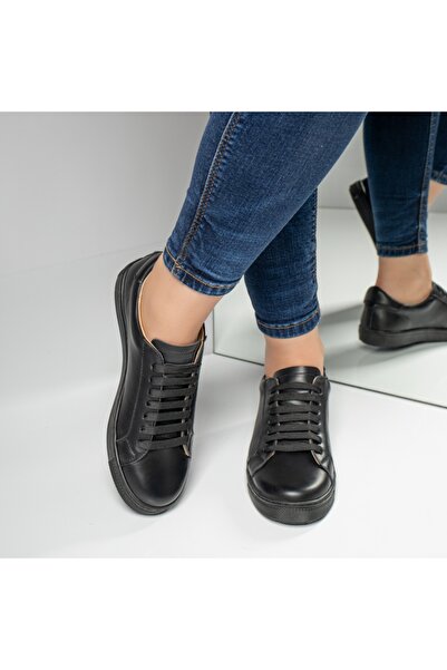 BMoD Teniși negri din piele pentru femei cu șireturi MOD06413