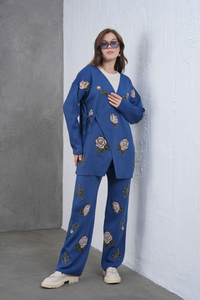 Miss Allos Women's Beaded Side-Tie Wide-Fit Knitwear Cardigan and Pants Bottom-Top Set