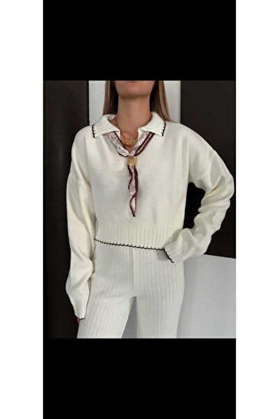 badibadii Women's Cream Shirt Collar Relaxed Fit Knitwear Two-Piece Set - Modern and Stylish Combination Scarf Gift