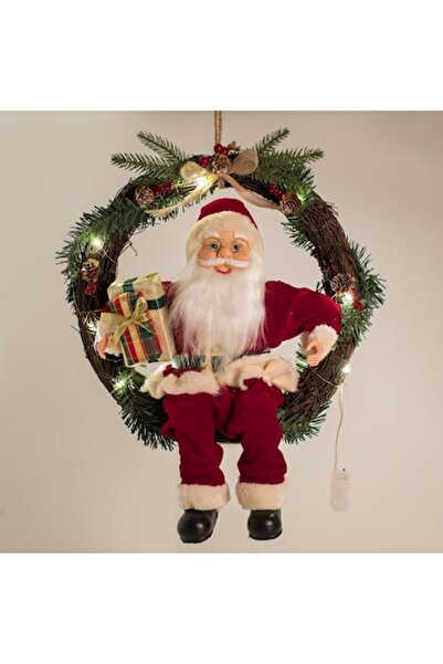 SHOPIENS Coroană decorativă de Crăciun din lemn cu Moș Crăciun și LED - 45cm