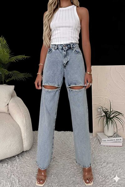 Lores Giyim Kadın Yüksek Bel Şık Yırtık Detaylı Taşlı Jean Pantolon