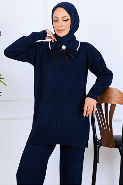 benguen Комір з стрічкою Деталь Трикотажний комплект S1064 Синій